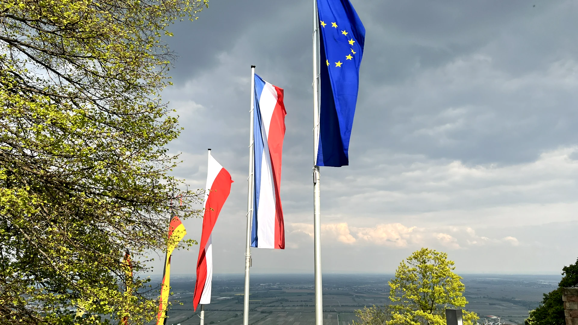 Europäische und weitere Flaggen vor dem Blick über die Rheinebene