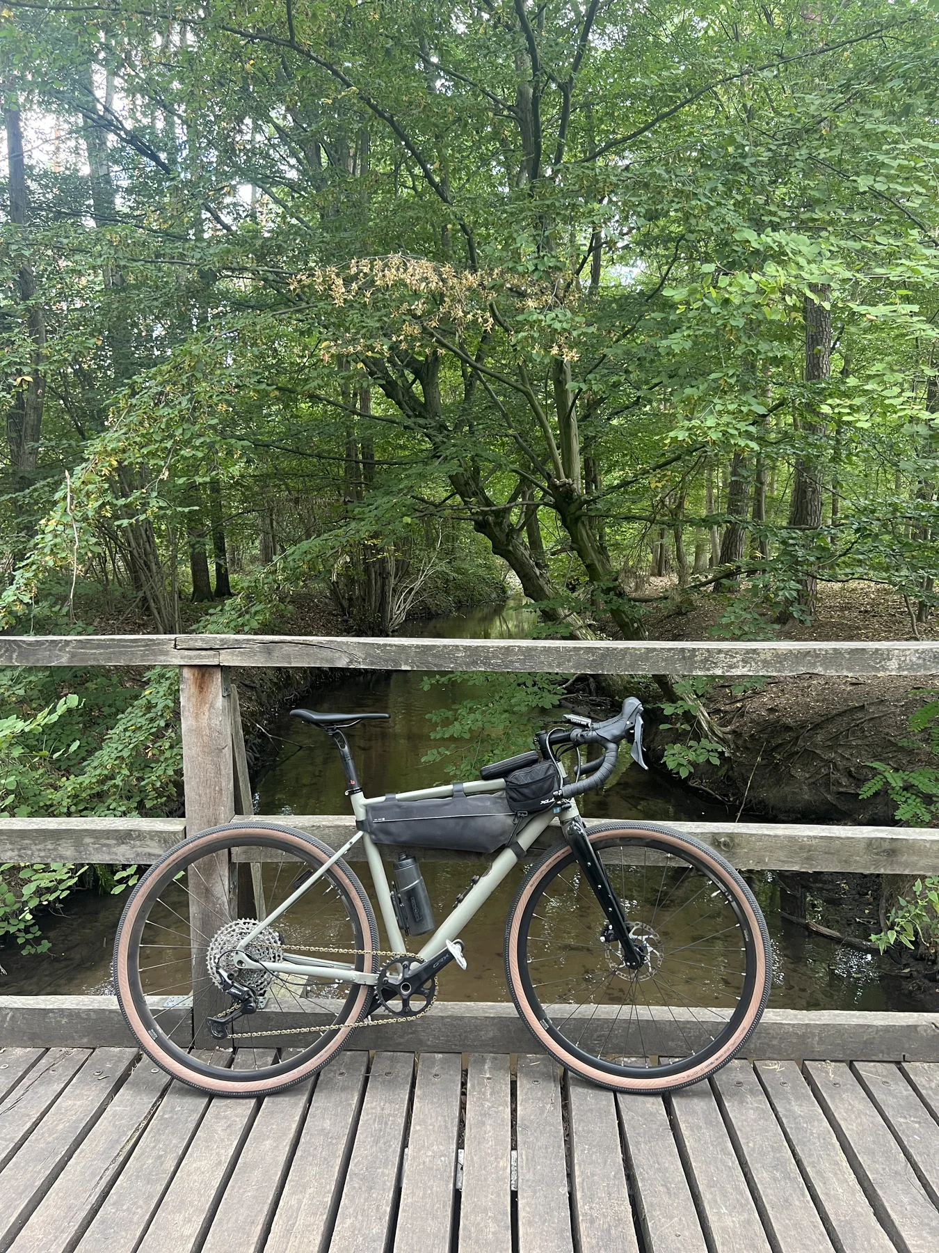 Gravelbike auf einer Holzbrücke über den Rehbach bei Iggelheim